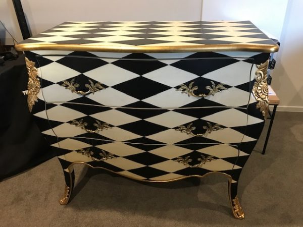 Louis XV Designed Harlequin Commode in black and cream diamond paint finish gold brass handles gilt bronze mounts