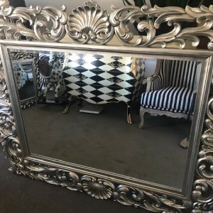 Louis XV hand carved beveled glass mirror antiqued silver gilding