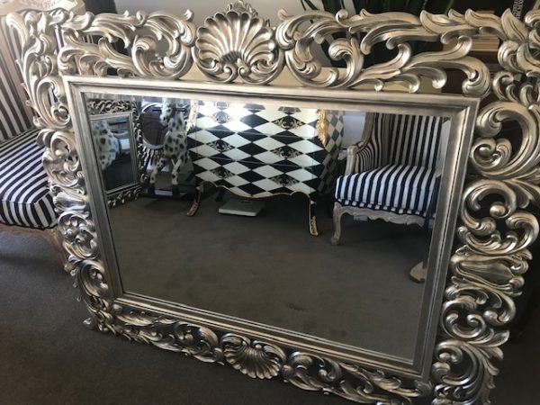 Louis XV hand carved beveled glass mirror antiqued silver gilding