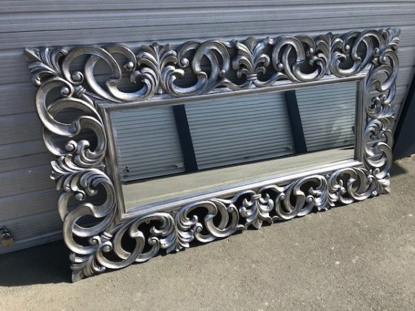 Baroque Style Louis XV silver leaf mirror hand carved antiqued finish