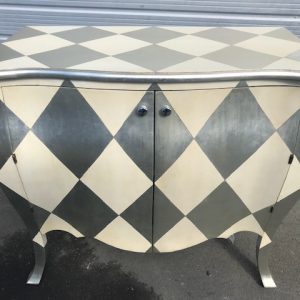 Louis XV stye commode finished in antique silver leaf , antique cream- harlequin pattern