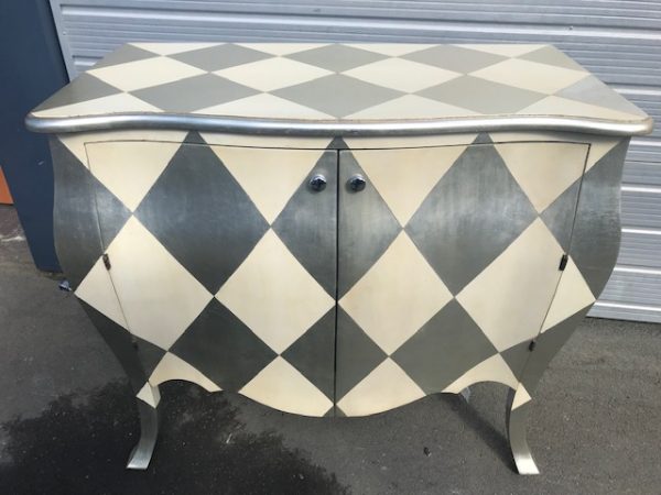Louis XV stye commode finished in antique silver leaf , antique cream- harlequin pattern