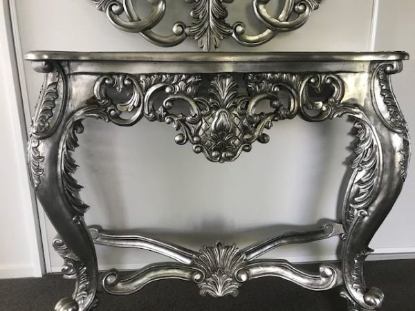 Louis XV Console table hand carved and hand finished in silver leaf antiqued distressed