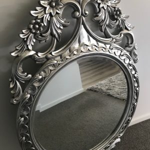 French Louis XV 19 century carved Gilt-wood oval mirror in silver leaf hand carved beveled glass