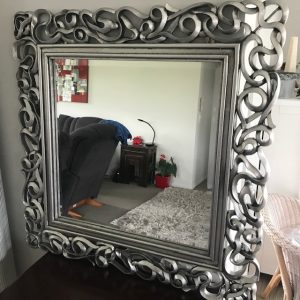 Louis XV ribbon mirror in silver leaf antique finish hand carved beveled glass mirror