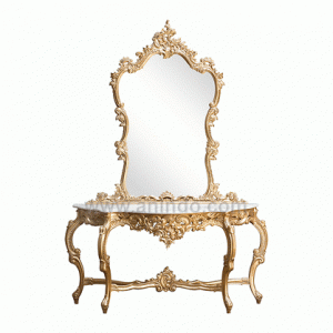 Louis XV Console in gold leaf with cream marble top. Beveled glass mirror is hand carved with gold leaf to match