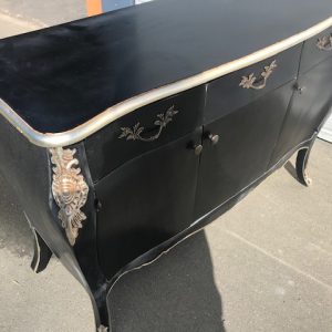Louis XV commode black /silver distressed commode in mat black antiqued finish