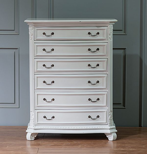 Shabby chic 6 drawer tallboy in antiqued and distressed finish