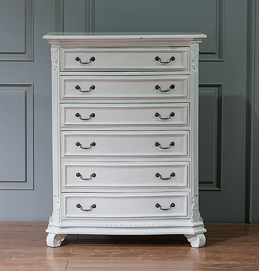 Shabby chic 6 drawer tallboy in antiqued and distressed finish