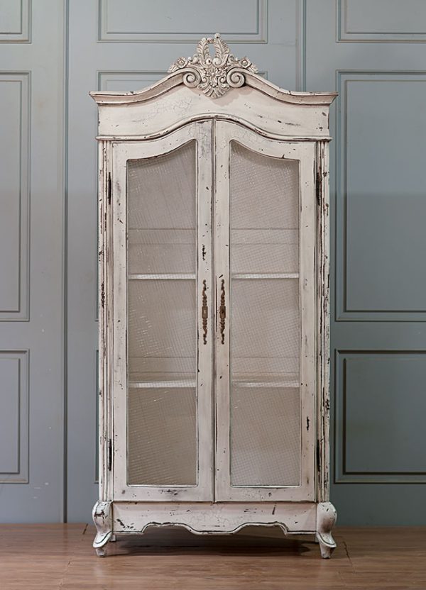 Armoire 6 shelves with glass doors antiqued and distressed finish